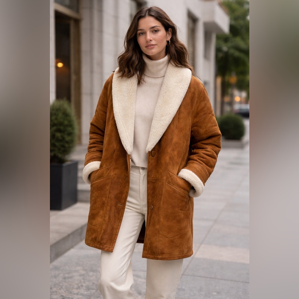 A+++Luxury Vintage Genuine Shearling Coat Cognac Investment Mid-Length Oversized